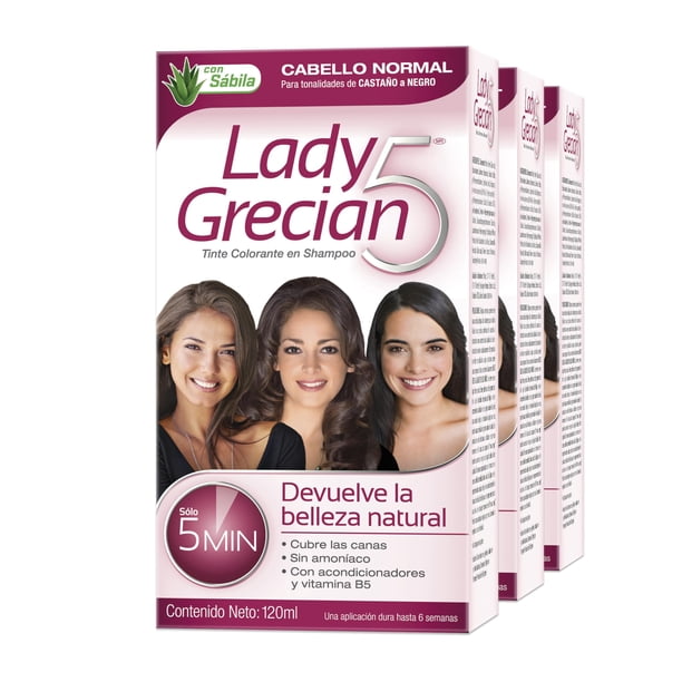 Grecian Lady Grecian 5, Tinte Colorante en Shampoo, Cubre las Canas, Cabello Normal, Castaño a Negro, 3 pack 120ml cada