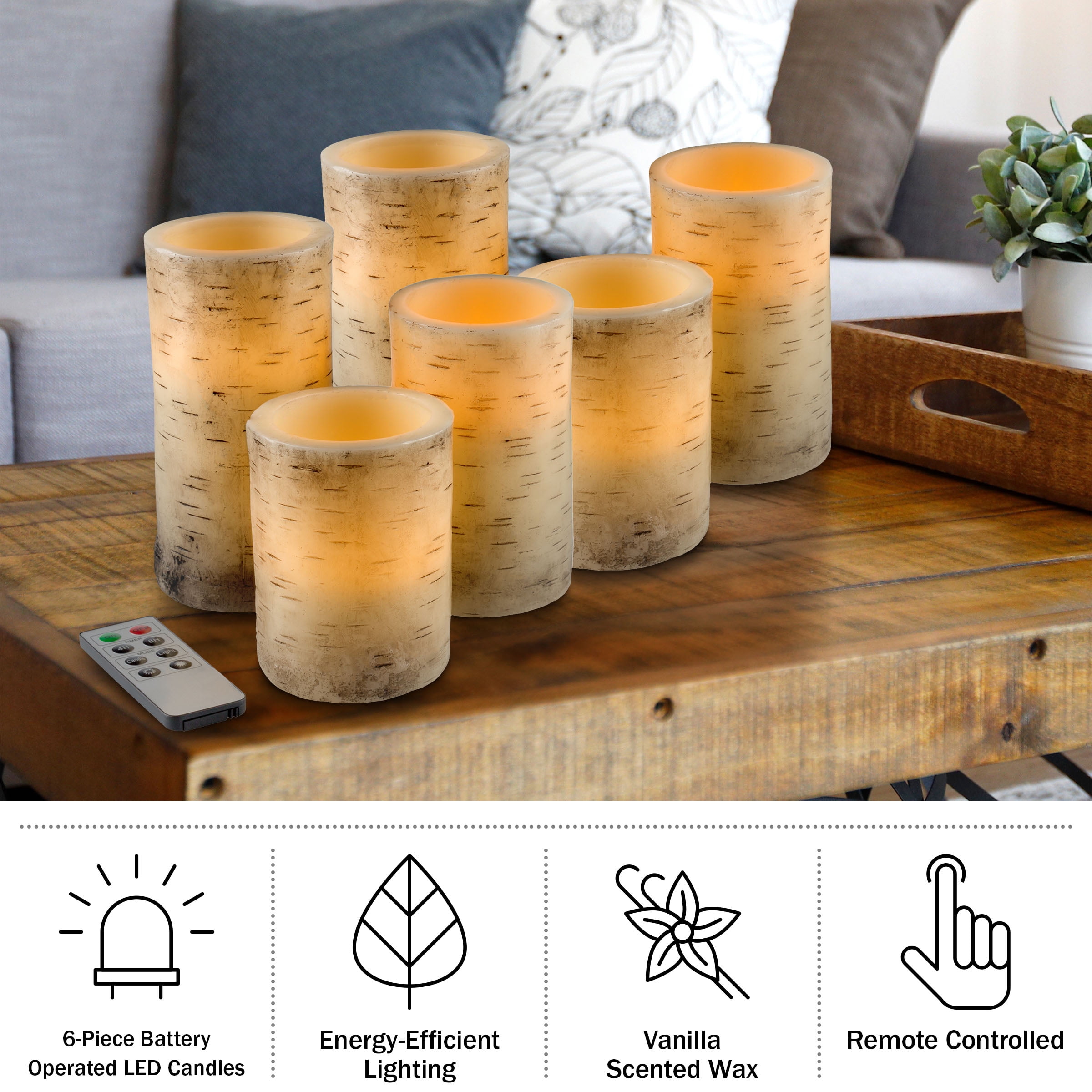Lavish Home 6-Pack of Faux Birch Bark Battery Operated Flameless Candles