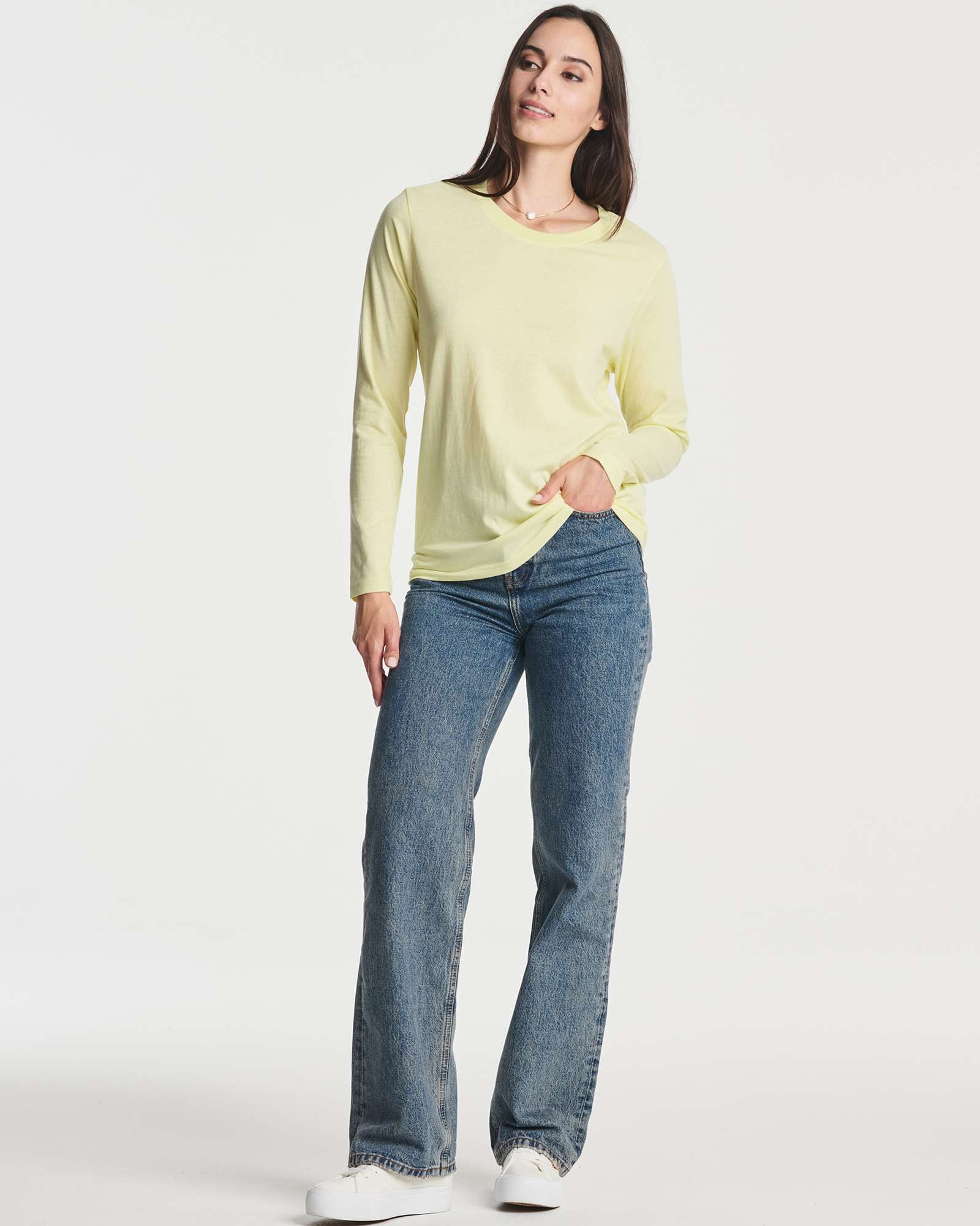 Real Essentials 4 Pack: Women's Cotton Classic-Fit Long-Sleeve Crewneck T-Shirt (Available in Plus Size)