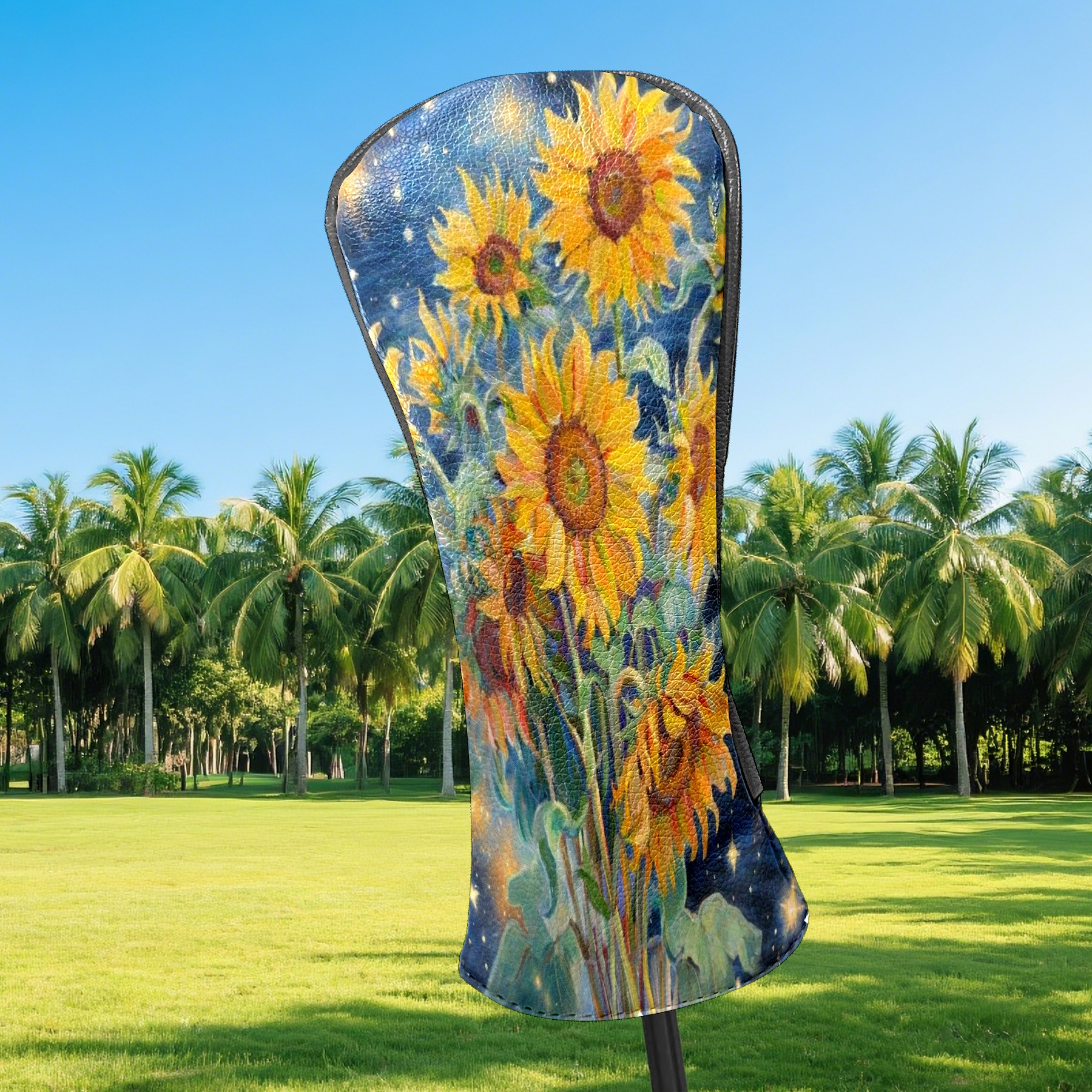 Golf Club Covers, Blue Sunflower Premium PU Leather Driver Hybrid Putter Head Covers with Velvet Lining, Waterproof Golf Gifts for Men Women
