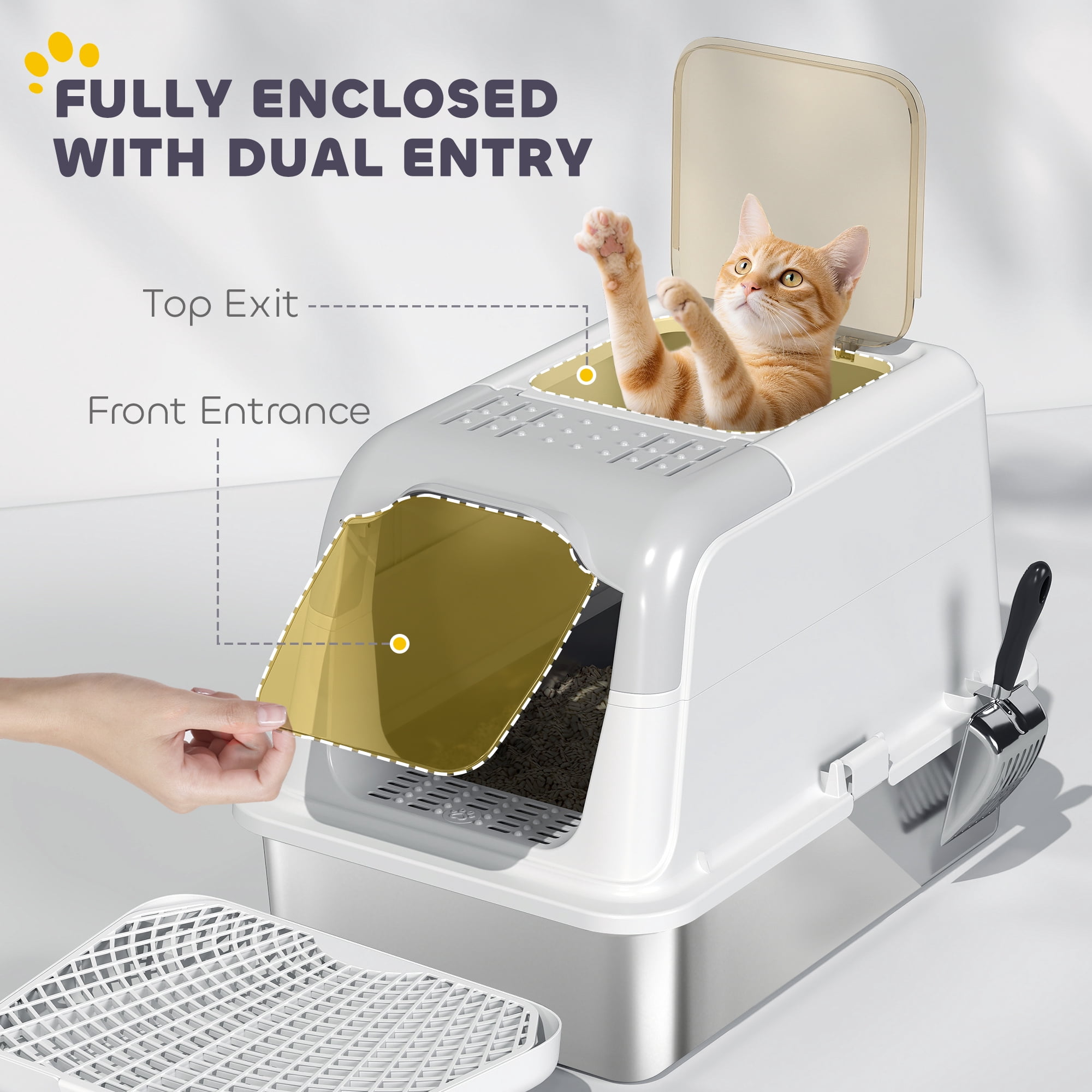 PawHut Stainless Steel Litter Box with Lid, Extra Large Cat Litter Box with High Sided, Front-Entry and Top-Exit, Scoop, Deodorizer Bag, Pedal