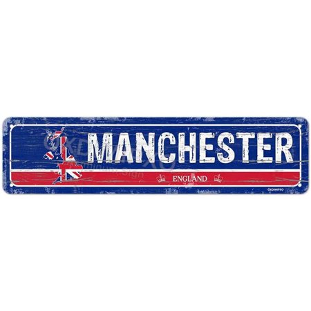 Manchester England – Britain Flag Themed Gifts Vintage Bar Room Decor England City Sign – Metal Novelty United Kingdom Sign Personalized Aluminum Man Cave/Restaurant/Pub Wall Art – 4×16 Inches