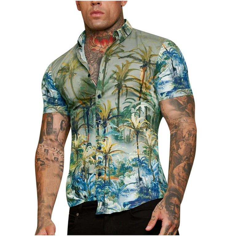 VSSSJ Button Down Shirts for Men Summer Loose Fit Holiday Short Sleeve  Tropical Palm Tree Print Casual Hawaiian Stylish Beach Shirt Green M