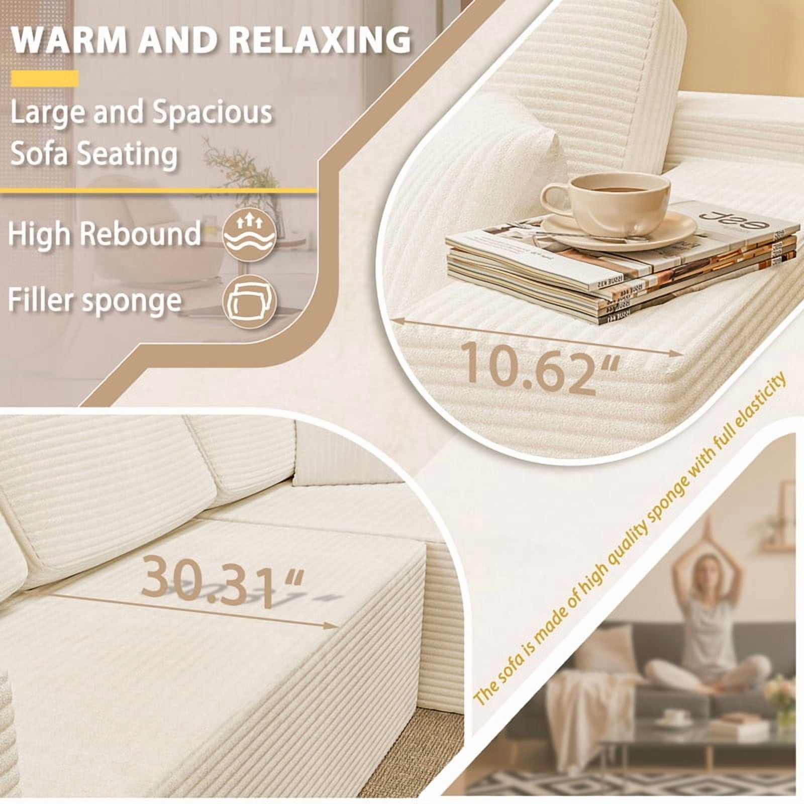 Homall 108" Cloud Sectional Sofa, Boneless Couch with L-Shape Chaise, Modular Couch with Deep Seat, No installation for Living Room & Apartment, Corduroy Beige