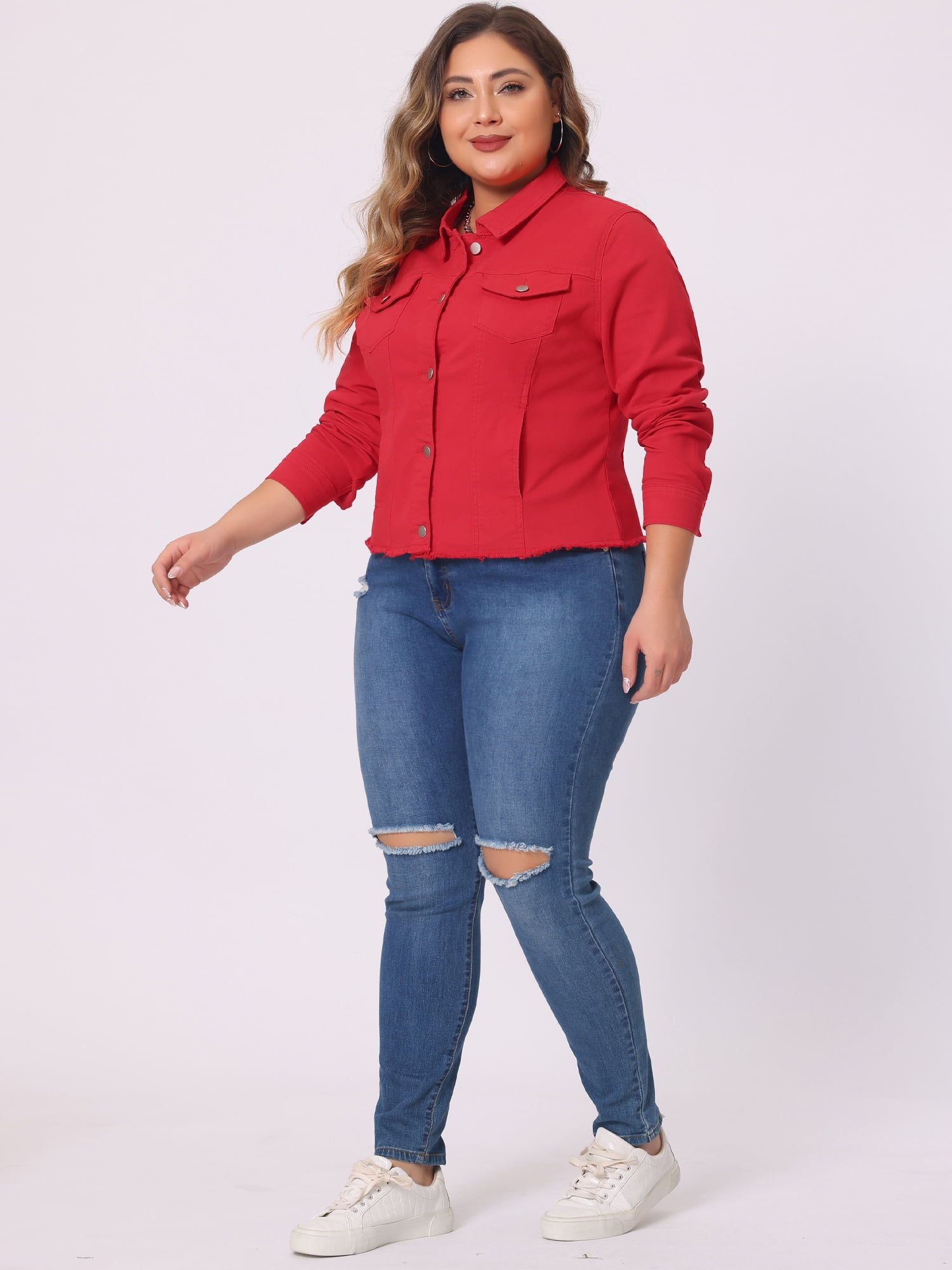 DARING DIVA Women's Plus Size Washed Front Frayed Classic Denim Jacket 5X Red