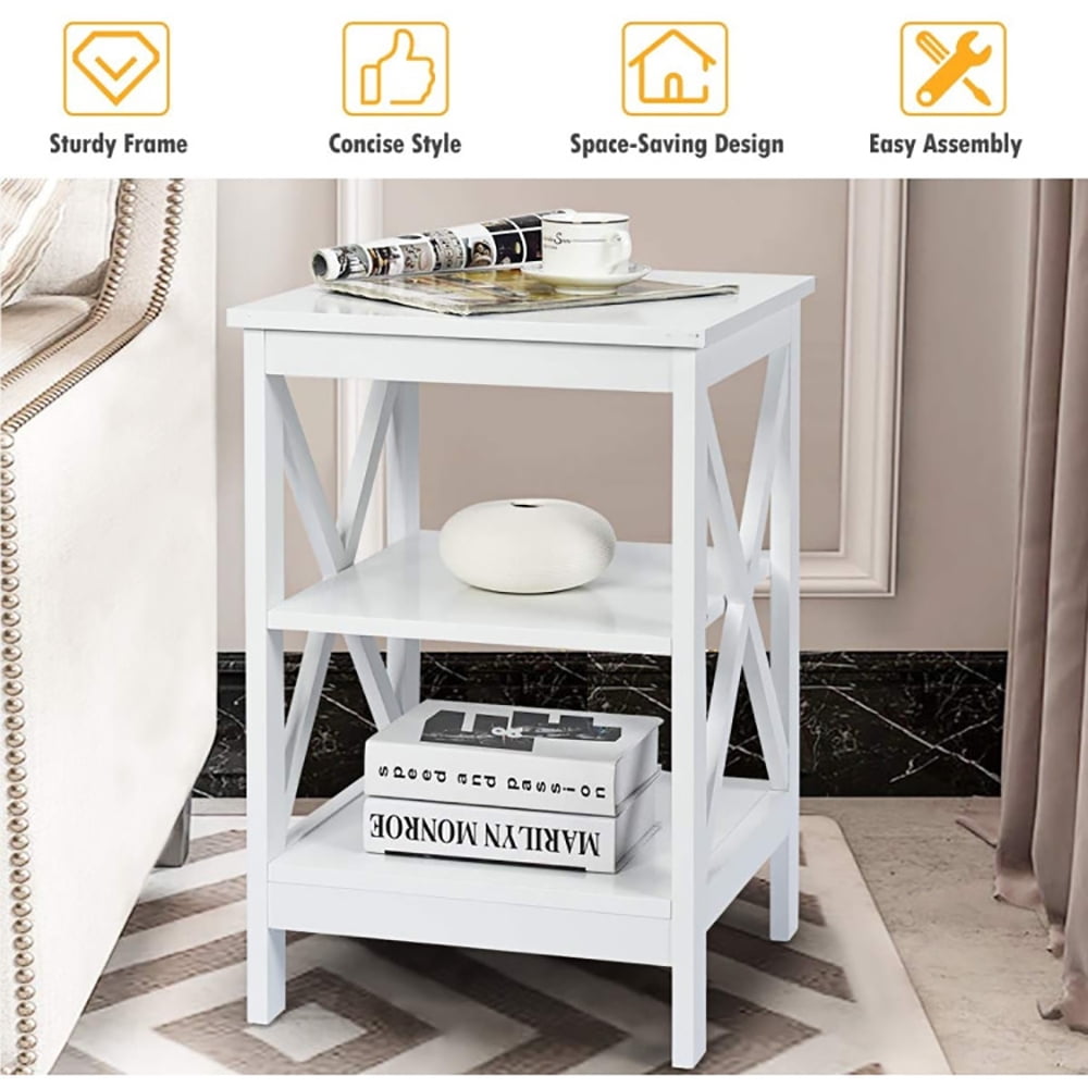 Finihen End Table, 3-Tier X-Design Nightstands with Storage Shelves, Bed Side Tables, for Living Room, Bedroom, White Finihen End Table, 3-Tier X-Design Nightstands with Storage Shelves, Bed Side Tables, for Living Room, Bedroom, White