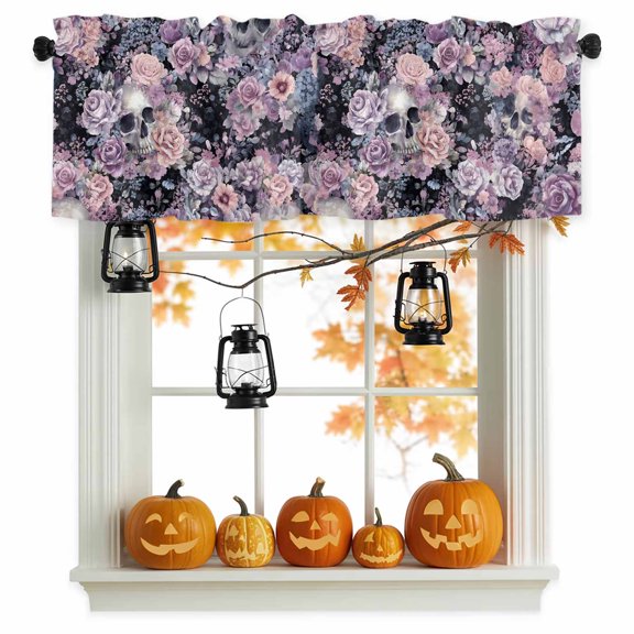 Kitchen Cafe Valance Curtain for Small Windows,Watercolor Skull Flower Leaves Rod Pocket Short Valances,42x12in