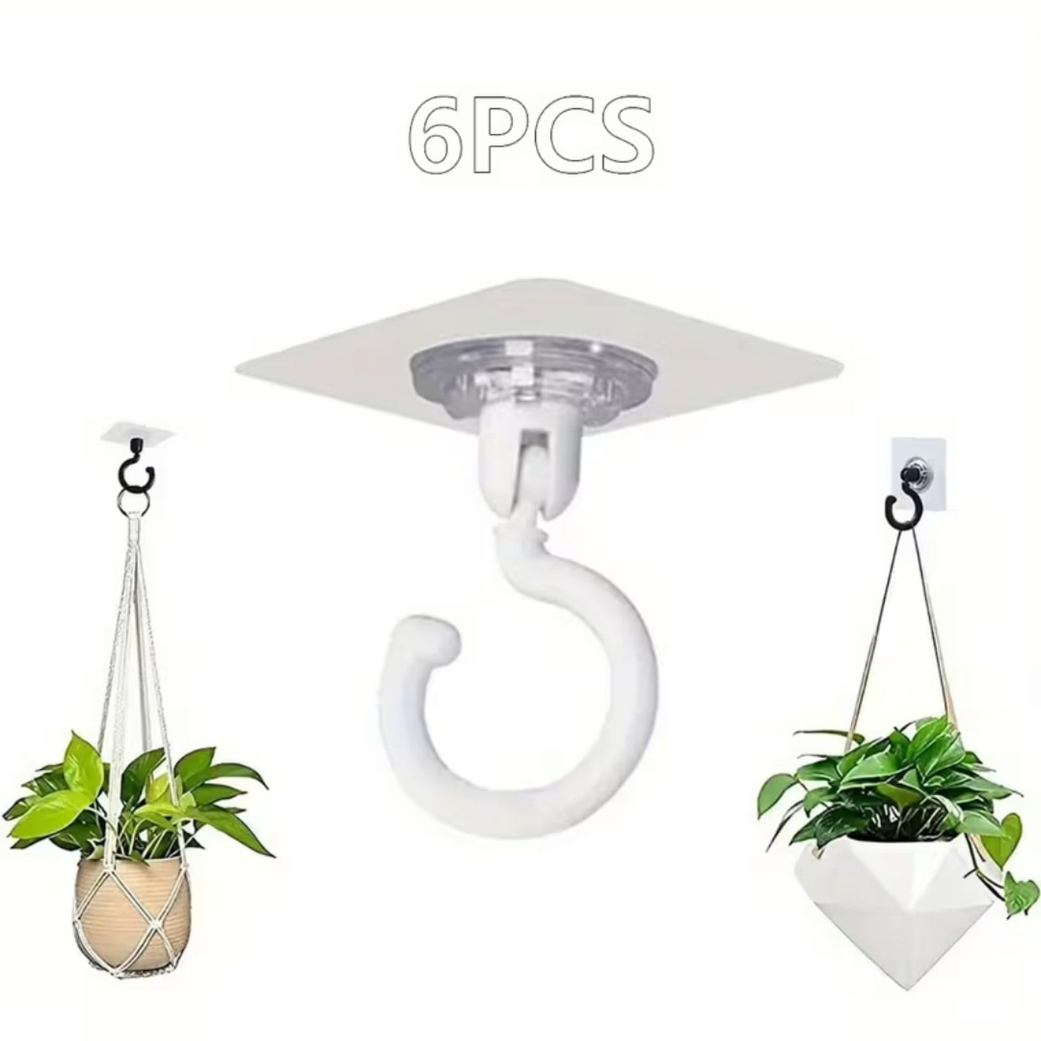 6 Adhesive Ceiling Hooks, No Drilling, for Hanging Plants, Lamps, Wind Chimes, Lanterns