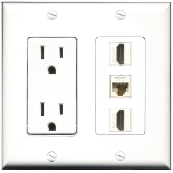 RiteAV - 15 Amp Power Outlet 2 Port HDMI 1 Port Cat6 Ethernet Ethernet White Decorative Wall Plate