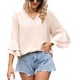 thumbnail image 1 of Blusa de verano color albaricoque para oficina y viajes, color puro, talla XL, escote en V, mangas con volantes, 1 of 6