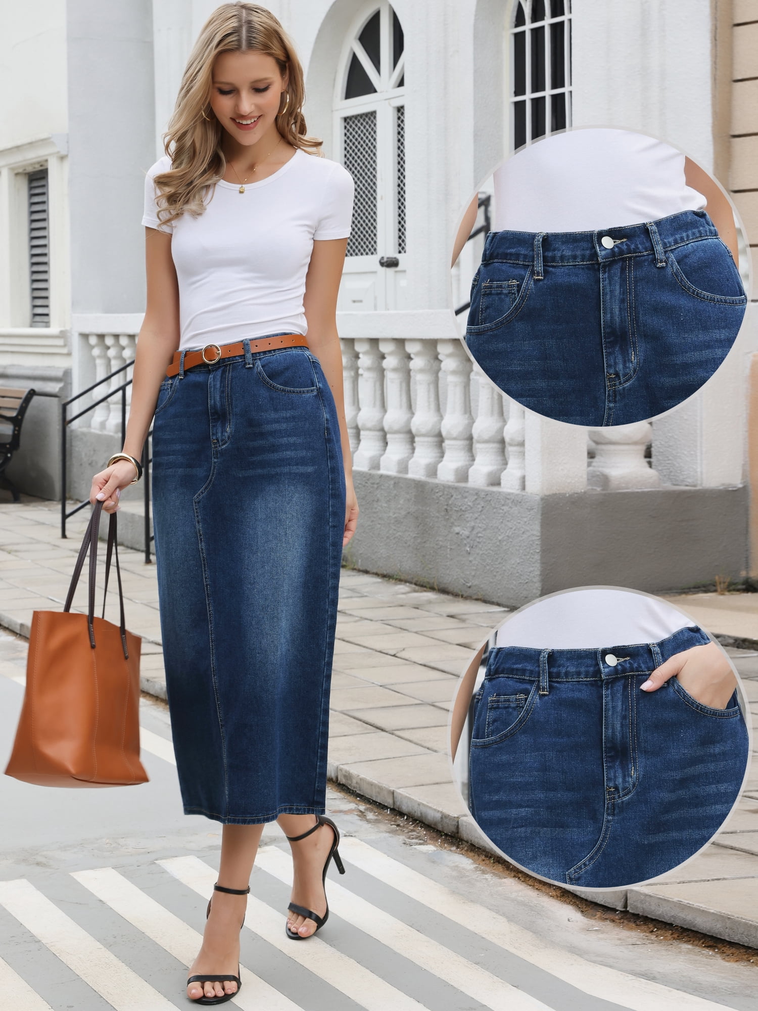 DARING DIVA Women's Casual Midi Length Split Back High Waist Long Jean Skirts XL Dark Blue