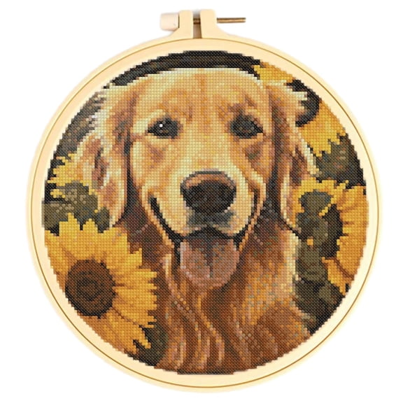 Easy Cross Stitch Kits for Starter Kits Golden Retriever & Sunflowers DIY 11CT Pre-printed Patterns Embroidery Needlepoint Cross Stitching Needlework Kit Set Supplies with Hoop 38x38cm