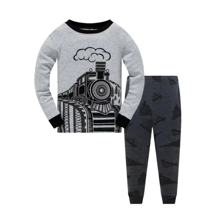 

GEDER-F1 Popshion 2pcs Boys Train Cartoon Long-sleeved Pajamas Cotton Homewear Suit
