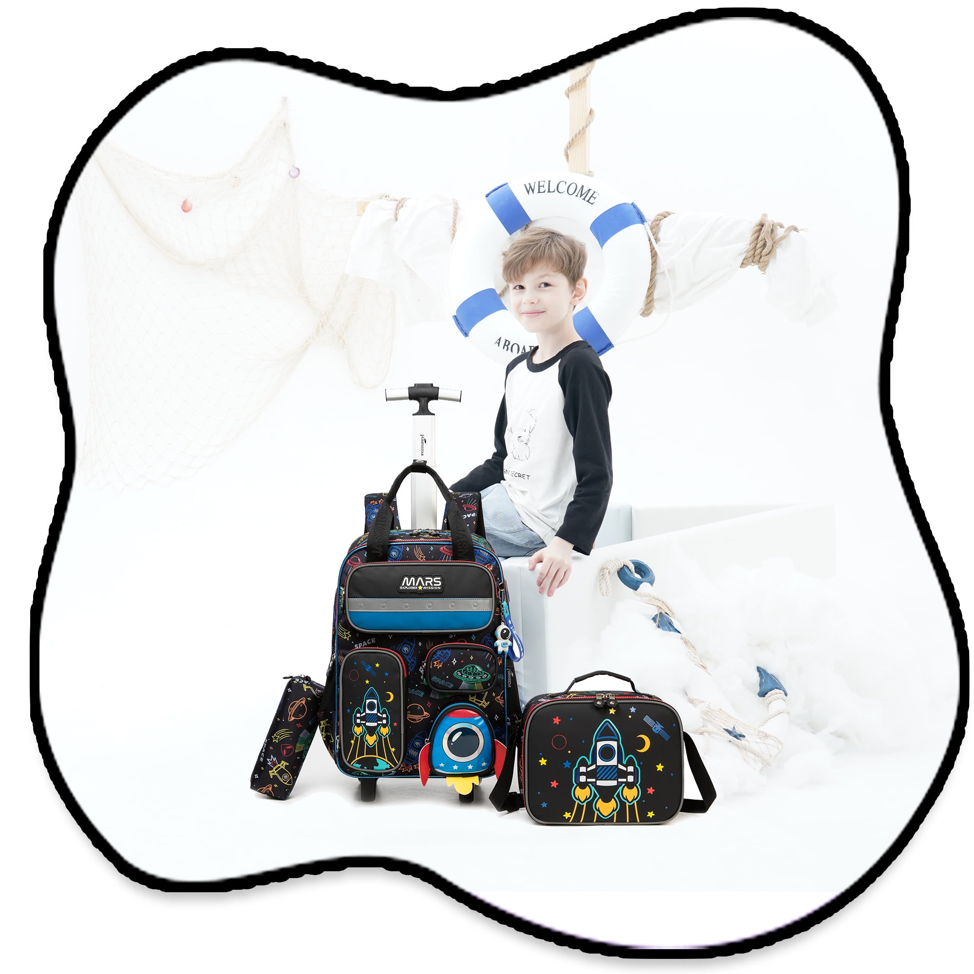 Kid Rolling Backpack for School Boys with Wheels Roller Bookbag with Lunch Box Pencil Case Carry-on Kids' Luggage for Ages 8-10