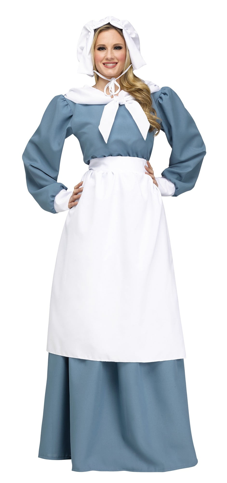 Pilgrim Lady Costume Prairie Pioneer Womens Thanksgiving  Litte House Blue Dress 