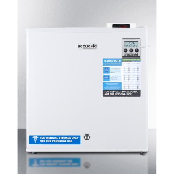 Compact -20 C vaccine storage all-freezer with digital thermostat, temperature alarm, hospital grade cord, self-closing door, and front lock