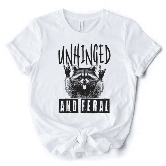 Unhinged and Feral Raccoon T-Shirt, Funny Rock Hands White and Natural Tee for Wild People