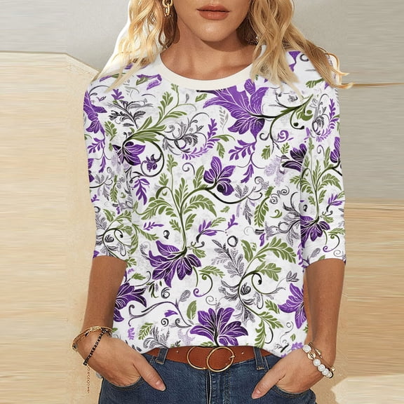 Jsaierl Tops for Women 3/4 Sleeve Plus Size Round Neck Shirts Boho Floral Petite Blouses Soft Loose Fit Tunic Top S-2XL
