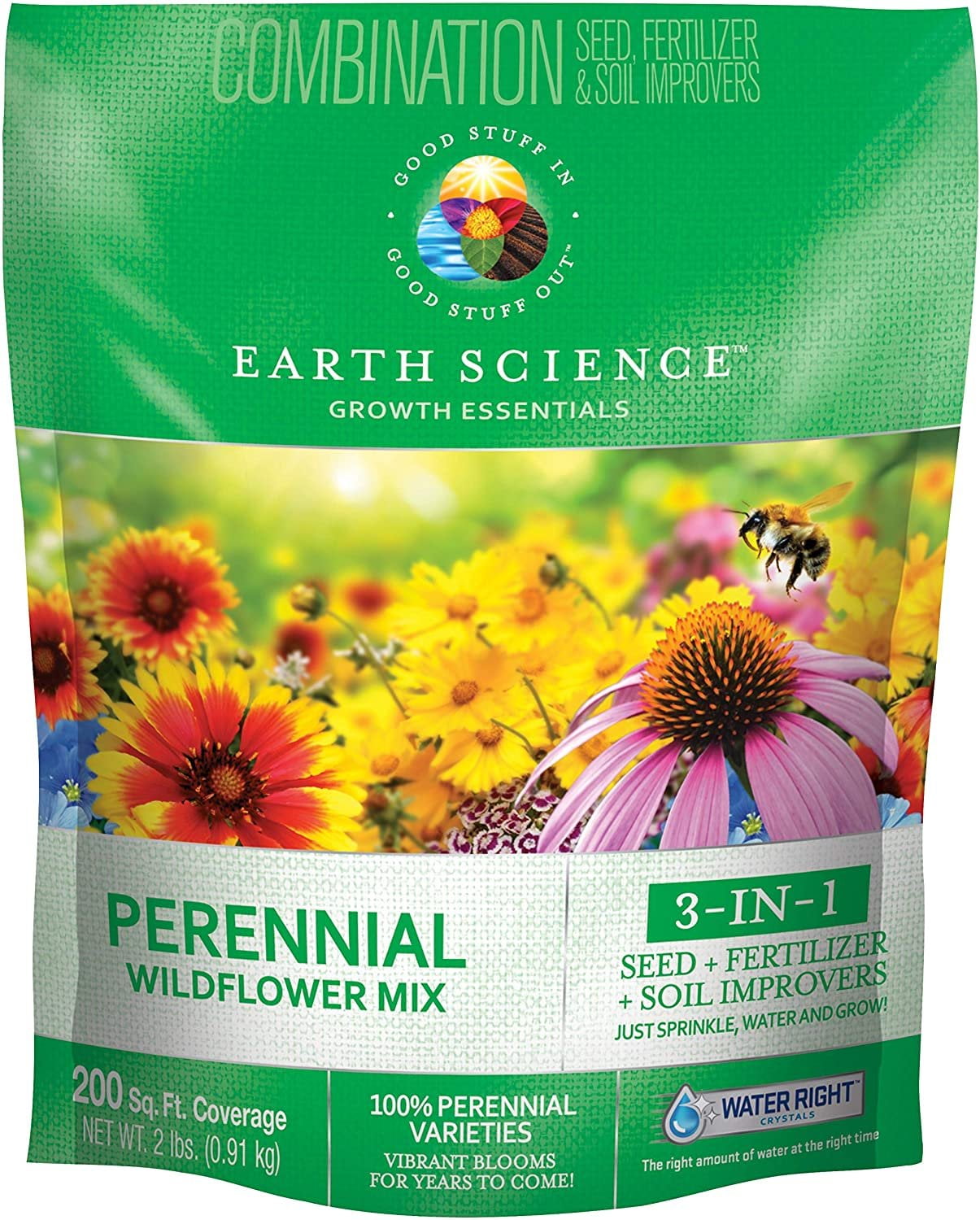 Earth Science Wildflower Perennial Mix 2lb 3-in-1 Mix with Premium Wildflower Seed, Plant Food and Soil Conditioners, Non-GMO
