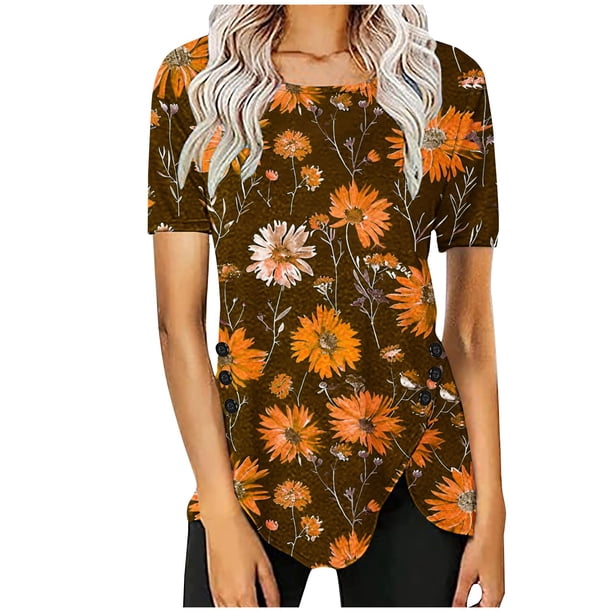 Blusas de Manga Corta para las Mujeres Botón Impreso Cuello Redondo Top Casual, Blusas para las Mujeres Casual