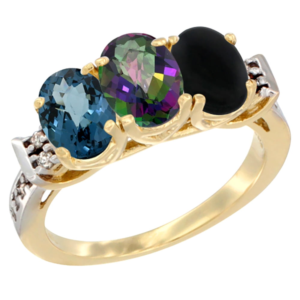 10K Yellow Gold Natural London Blue Topaz, Mystic Topaz & Black Onyx Ring 3-Stone Oval 7x5 mm Diamond Accent, sizes 5 10 by WorldJewels