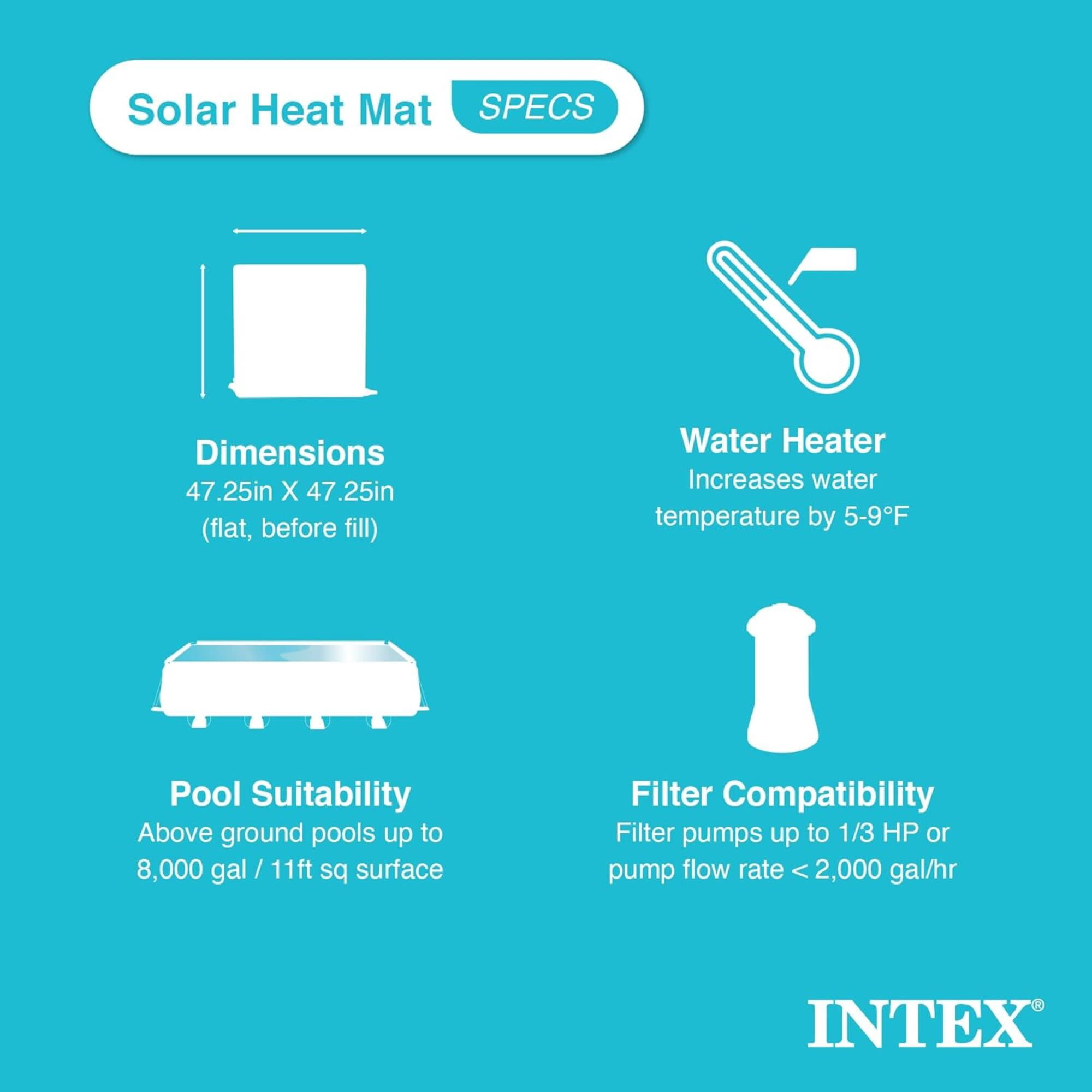 Intex: Solar Heater Mat - 47" Black, Water Warming Pad for 8k Gal Above Ground Swimming Pool, Raise Temperature 5-9 Degrees, Hose Attachment, Adapters