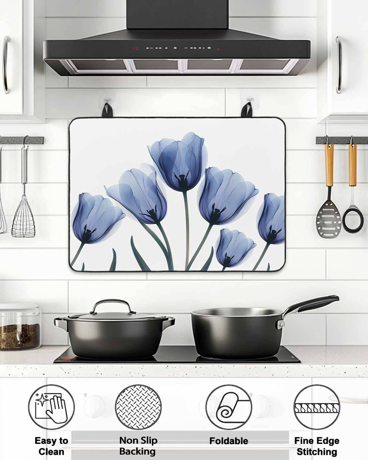 Stove Top Covers for Electric Stove, Blue Tulip Flower Glass Stovetop Cover Protector, Vintage Spring Plant Floral Botanical Induction Cooktop Protector Oven Mat for Kitchen Countertop 24"x21"