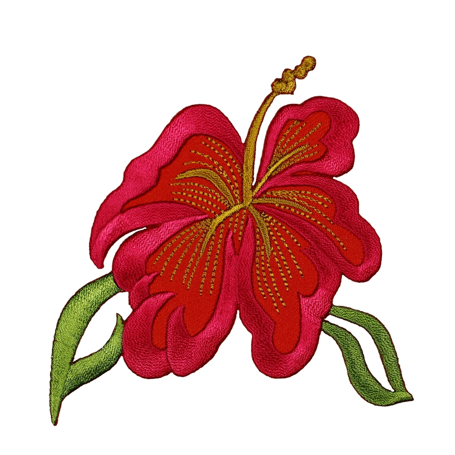 Pink Hibiscus Flower Iron-On Patch - Hawaii Tropical Embroidered Applique, Approx. 3.25" X 2.25", For Jackets, Bags, Backpacks