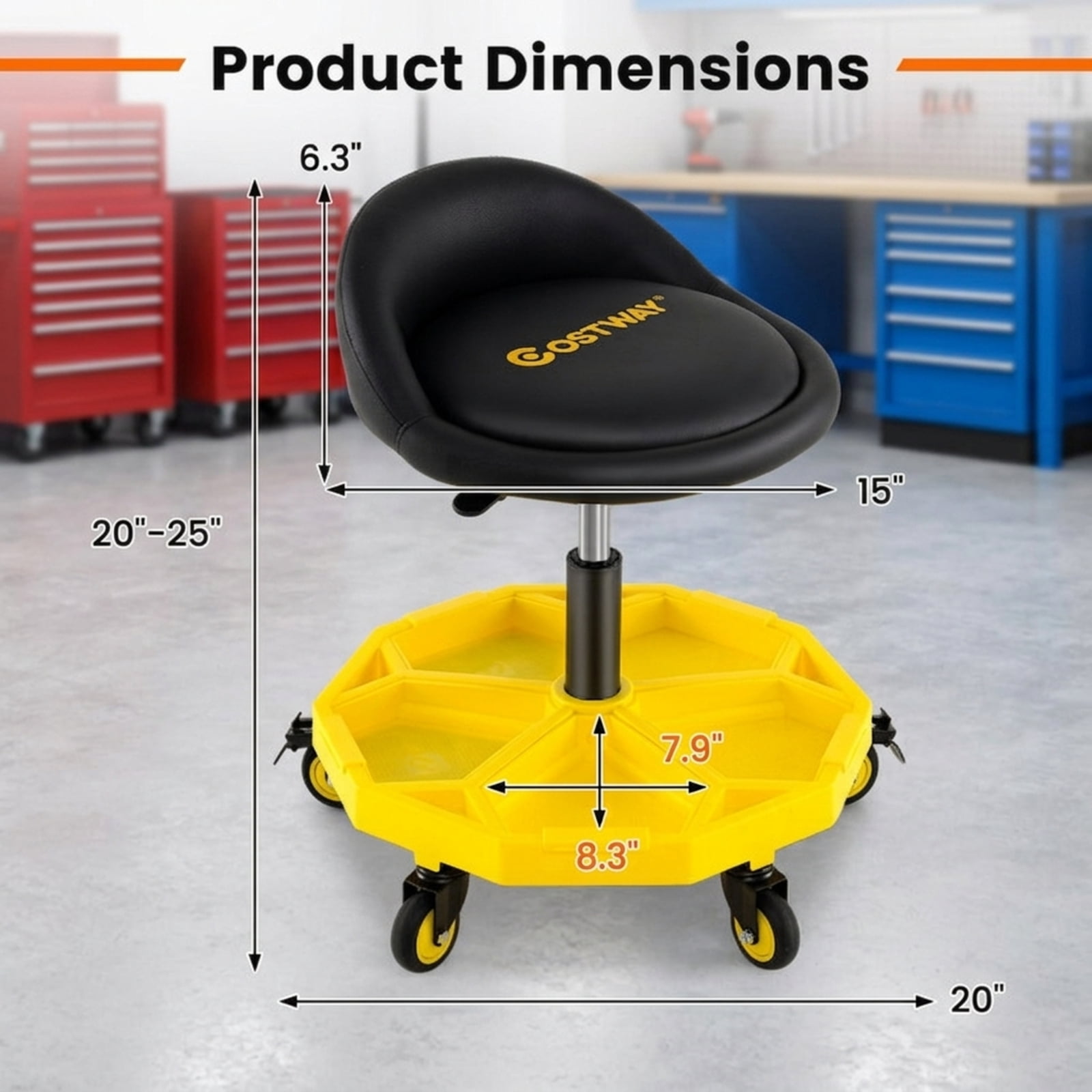 Biotree 20 Inch Rolling Mechanic Stool 25" x 20" x 6.3" with Tool Tray for Garage Shop Adjustable Height Shop Seat for Garage, Yellow
