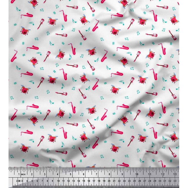Soimoi Cotton Voile Fabric Notes,Guitar & Drumkits Musical Instrument Print Sewing Fabric Yard 56 Inch Wide
