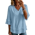 thumbnail image 4 of Cotton Linen Tops Women 3/4 Length Sleeve V Neck Shirts Summer Linen Tops Womens Summer Tops Lightweight Linen Blouses for Women Beach Vacation Tshirts,Blue,L, 4 of 5