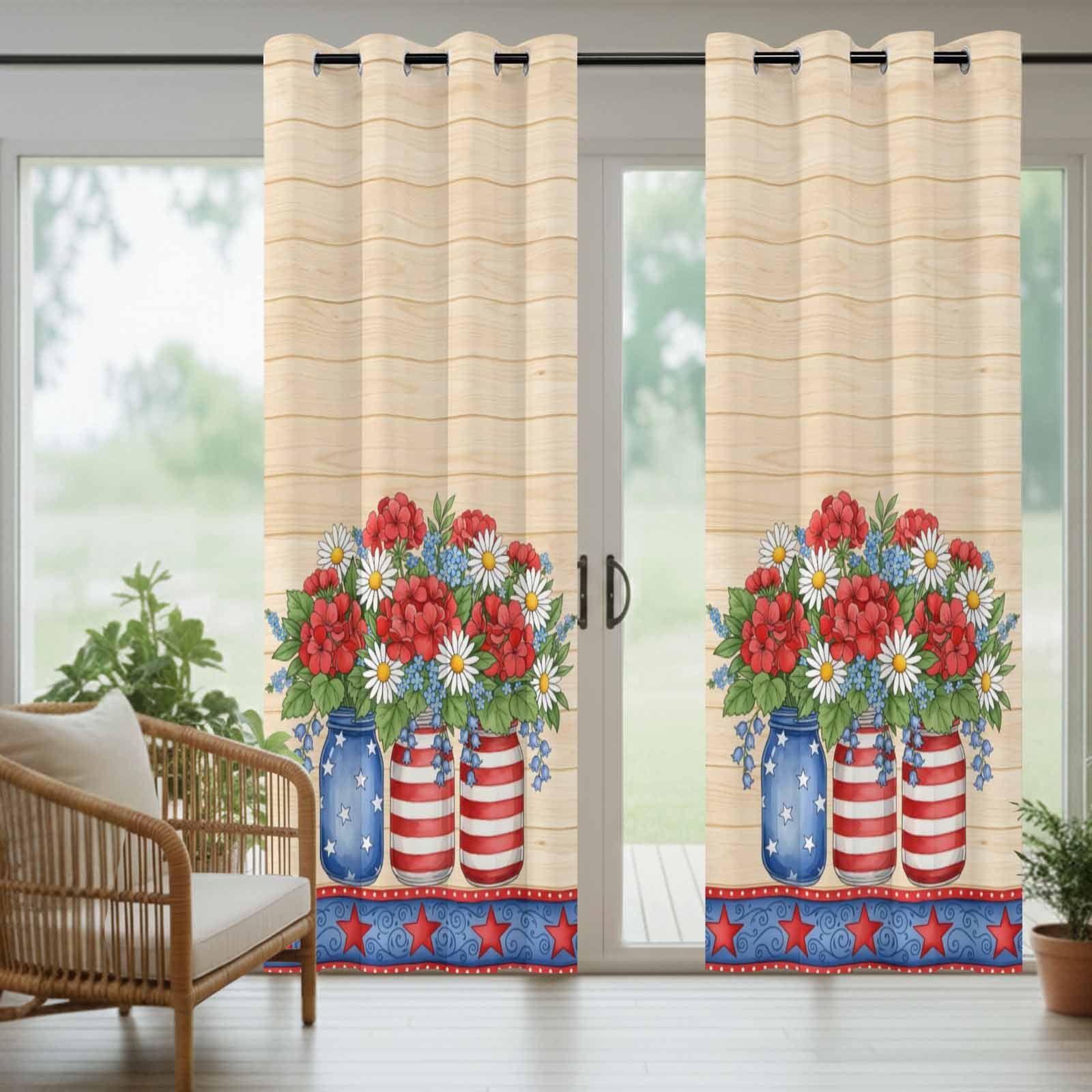 Independence Day Outdoor Curtains for Patio, Red Blue Floral Vase Star Heart Wood Grain Sunshade Privacy Drapes Grommet Waterproof Outside Curtains for Porch/Cabana/Balcony 54"x 108", 1 Panel