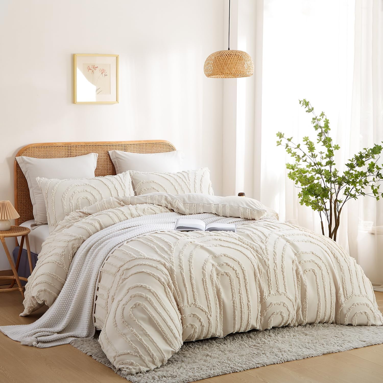 Nayoroom 3 Pieces Geometric Arch Pattern Tufted Microfiber Duvet Cover Set Beige Boho Shabby Chic Luxury Soft Bedding Set,Queen Size