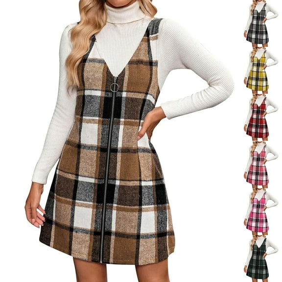 Women's Pinafore Dress Plaid V-Neck Sleeveless Zip Front Jumper Casual Midi Dress for Fall Winter Daily Wear,Brown,L
