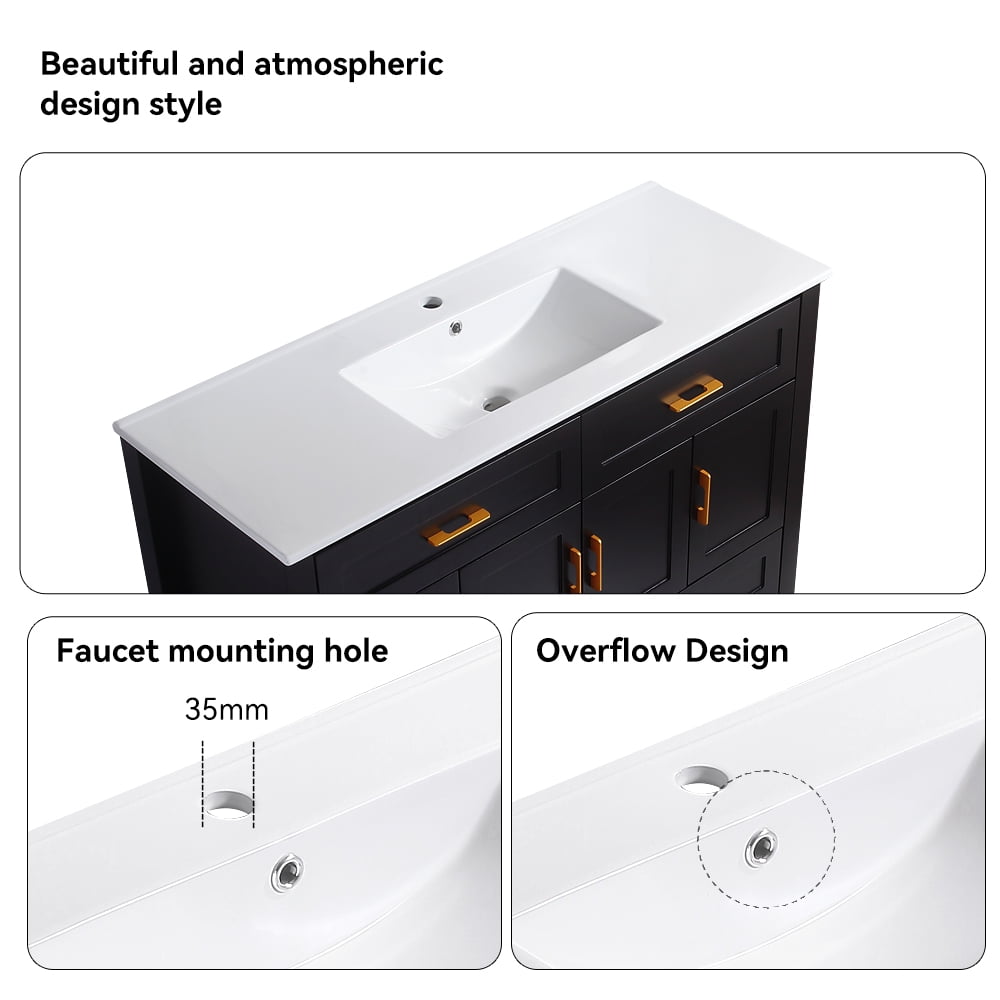 48" Black Bathroom Vanity with Sink, Solid Wood Cabinet, 4 Doors & 4 Drawers, Soft Close, Modern Storage Vanity Combo