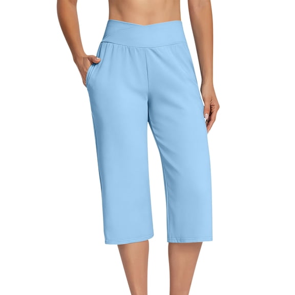 aidice Womens Yoga Capris Elastic High Waisted Athletic Shorts Loose Summer Breathable Workout Capri Pants with Pockets