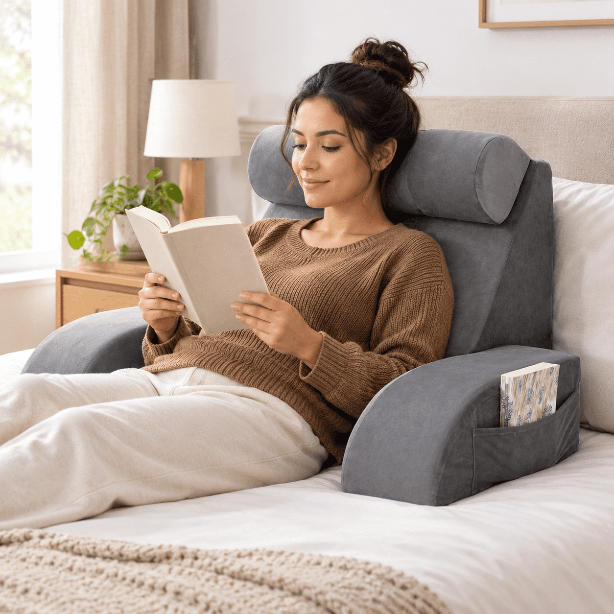 Large Grey Bed Rest Pillow for Sitting Up with Support Pockets 21-Inch