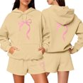 thumbnail image 2 of Women's Fashion Casual Long Sleeve Shorts Sports Round Neck Sweatshirt Set with Bow Print, Activewear for Sports and Casual Activities,Khaki,M, 2 of 7