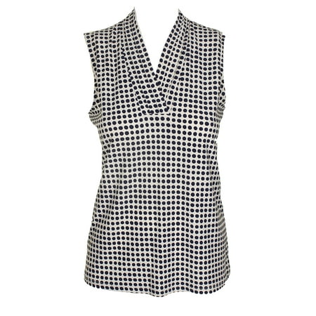 Anne Klein Ivory Navy Sleeveless Dot Print Triple Pleat Blouse S