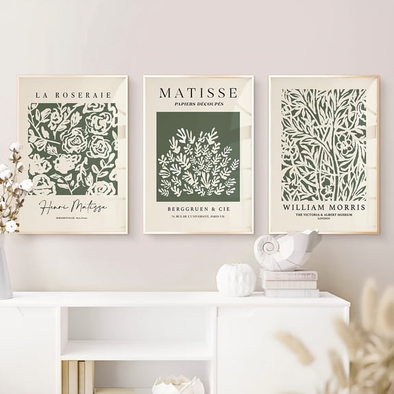 3pcs Modern Minimalist Art Prints Set, Frameless Canvas Posters, Matisse & Morris Gallery Exhibition Landscape Theme, Indoor Portrait Orientation, Retro Spring/Summer Wall Decor for Home Office, Liv