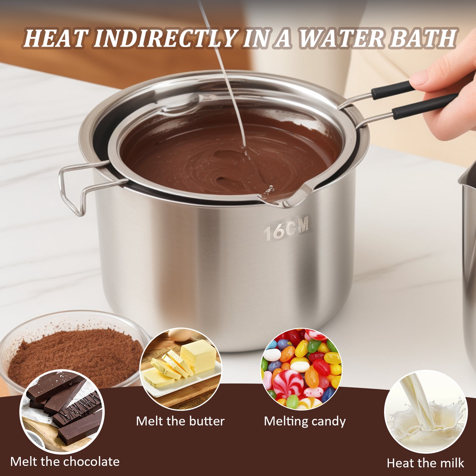 304 Stainless Steel Double Boiler Pot Set 20.28oz Melting Pot with Heat Resistant Handle and Spout 47.33oz Outer Pan Spoon,30.43oz Measuring Cup for Chocolate Butter Candy Making