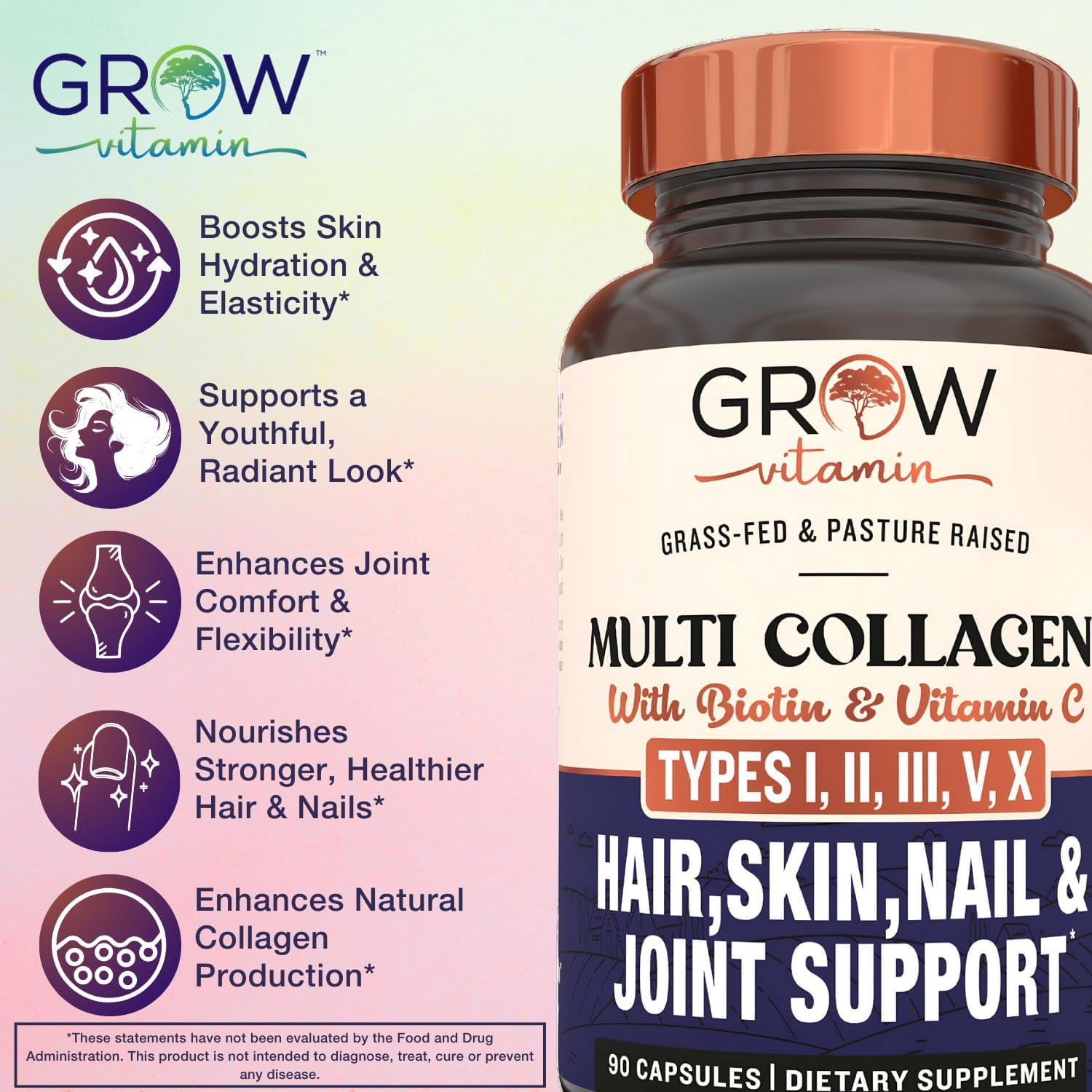 Grow Vitamin Collagen Supplements for Skin Elasticity, Hydration & Cartilage - 90 Capsules
