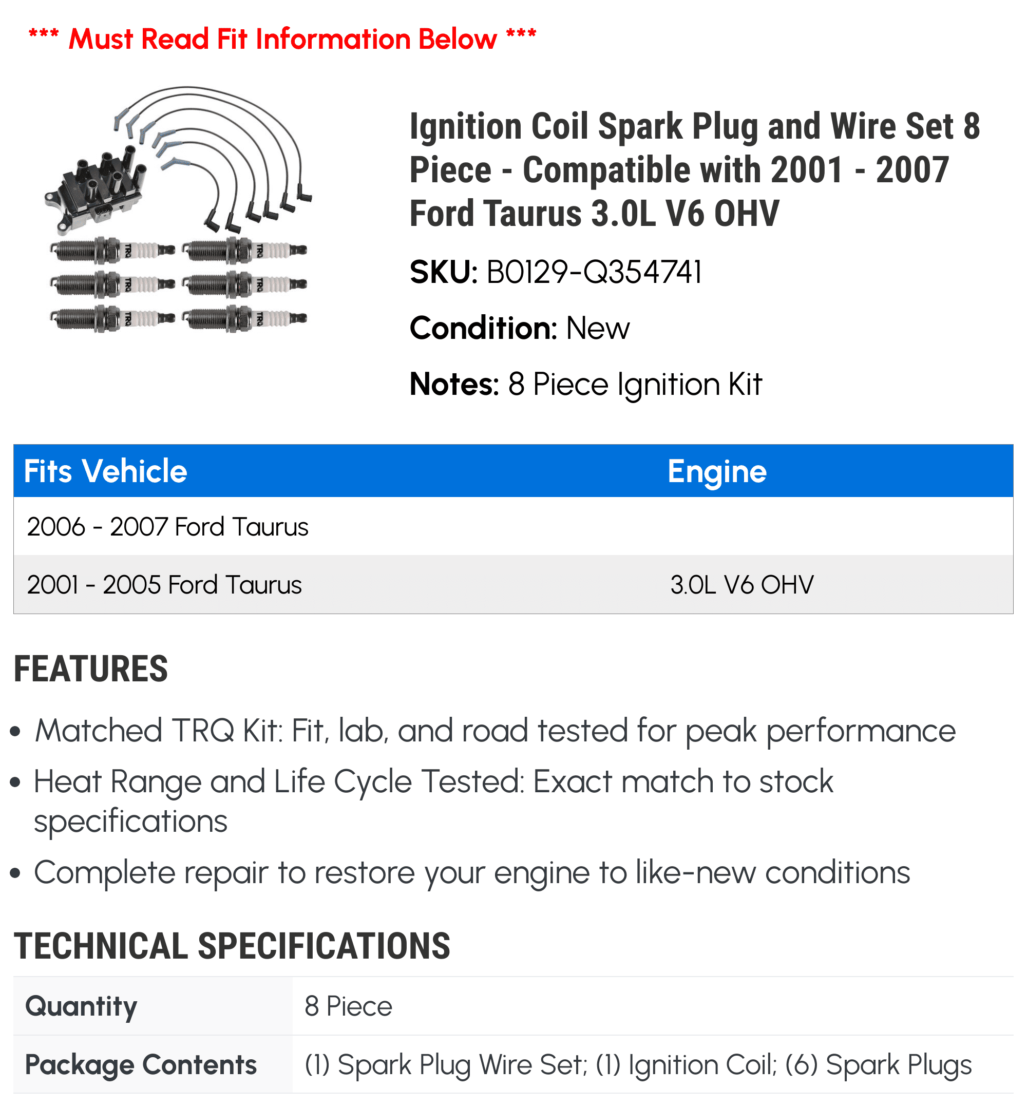 Ignition Coil Spark Plug and Wire Set 8 Piece - Compatible with 2001 - 2007 Ford Taurus 3.0L V6 OHV 2002 2003 2004 2005 2006