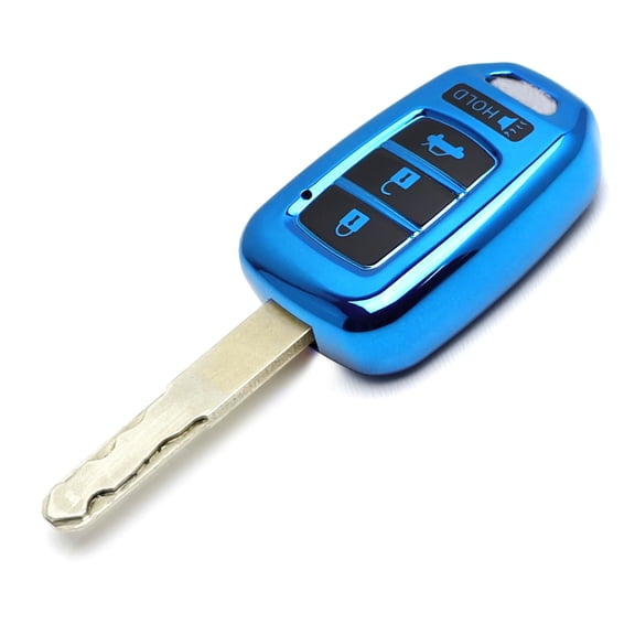 Glossy Blue Finish TPU Key Fob Protective Case w/Face Panel Cover, For Honda 2016-2021/22 Civic Accord HR-V, 2016-2022 CR-V 4-Button Blade Key
