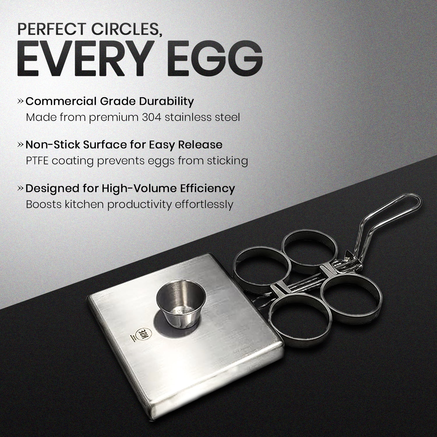 Rattleware 4-Ring Stainless Steel Egg Set with Nonstick Rings, Heat-Resistant Handle, and Cover
