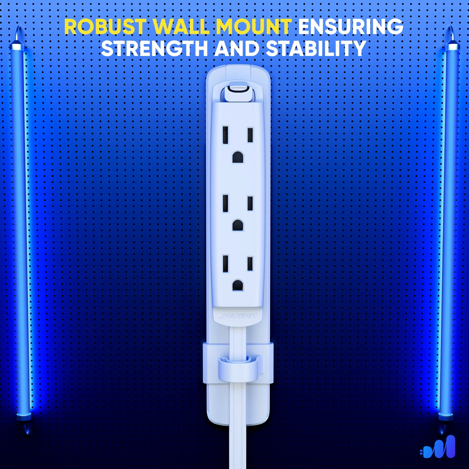 Maximm Straight Plug Extension Cord 4 ft Multi 3-Outlet Power Cord with Mounting Bracket, Grounded 16 AWG UL Certified, White