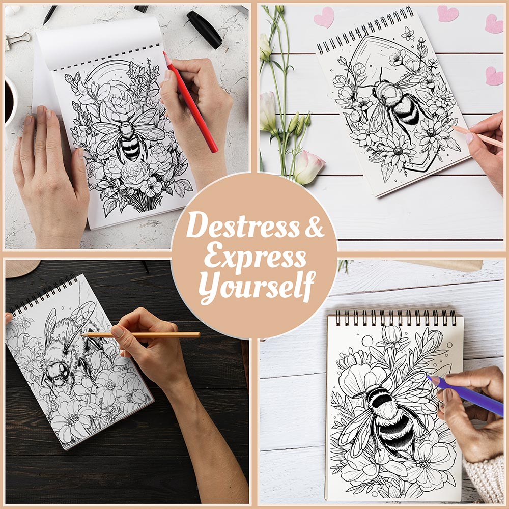 Netecom Large Print Bee and Flowers Coloring Book Spiral Bound For Adults, A5 Wooden Cover, 30 Beautiful Coloring Pages in Bees and Blooming Flowers for Stress Relief and Relaxation