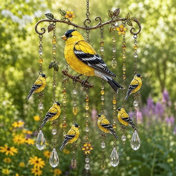 Graceful Goldfinch Wind Chime, Wind Chimes for Outside, Stained Glass & Crystal Sun Catcher Windchime, Colorful Bird Yard Decorations Outdoor, Memorial Gardening Gift for Women Grandma