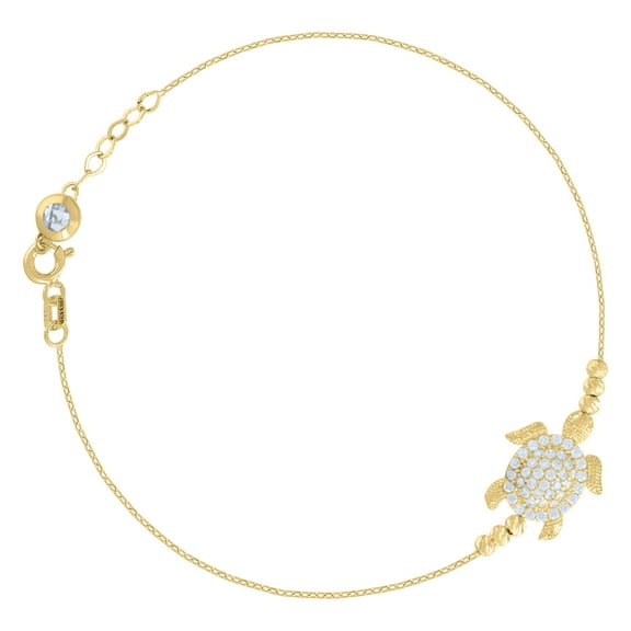 14k Yellow Gold Womens Cubic-Zirconia Beaded Turtle Ocean Charm Anklet Bracelet Size 8 Inches