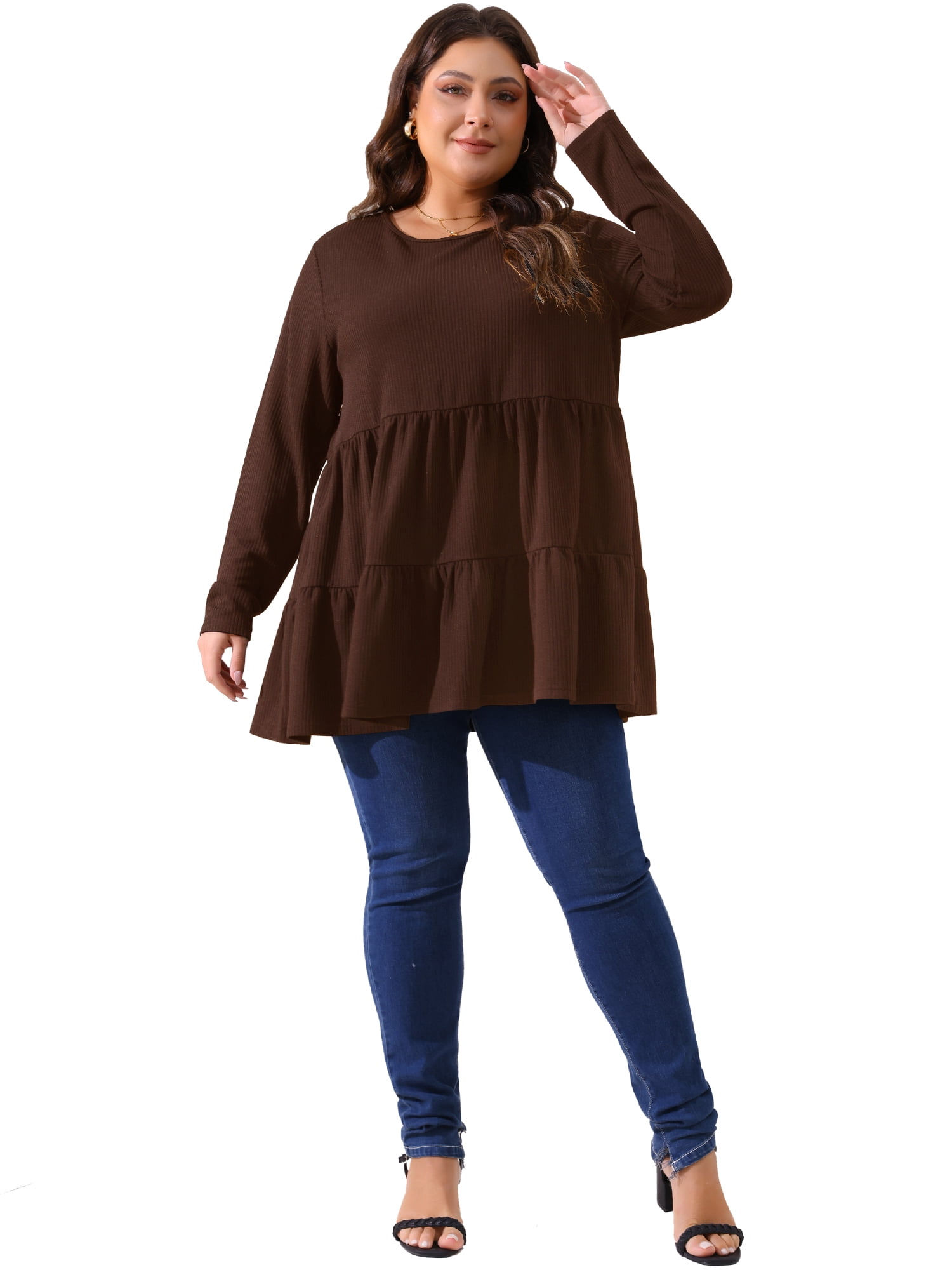 DARING DIVA Women's Plus Babydoll Crew Neck Casual Loose Peplum Tops 2X Brown